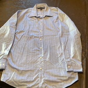 Men’s Kenneth Cole, button-down dress shirt, blue with white stripes, size large
